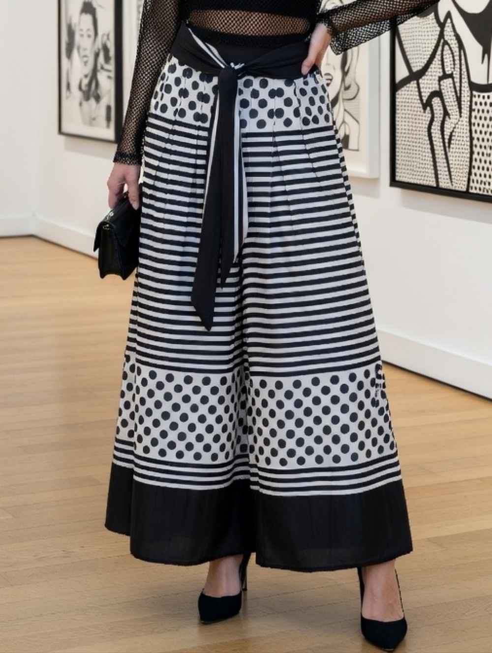 Polka Dot Black White Striped Palazzo Wide Pants Leg Eclectic Statement Piece - Picture 1 of 15